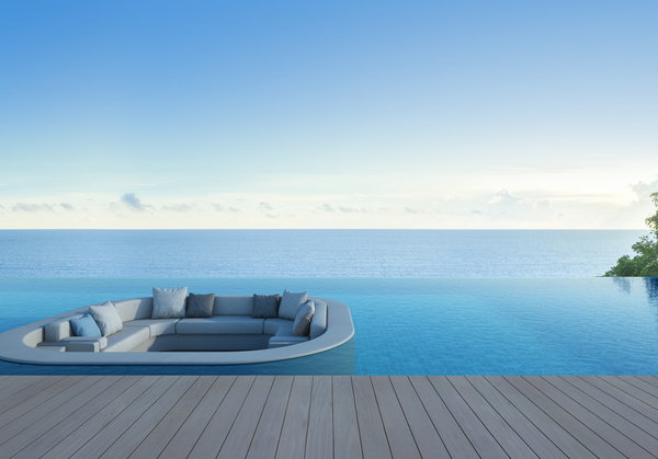 Sofa, Terrace And Swimming Pool In Luxury Sea View Hotel 3d Rendering